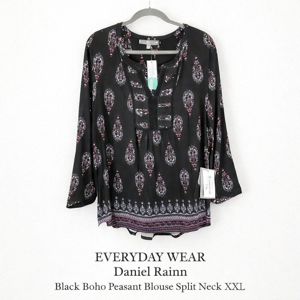 Daniel Rainn Black Boho Peasant Blouse Split Neck Long Sleeve XXL NWT